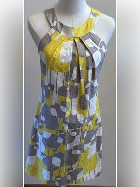 Trina Turk Mod Shift Dress Size 2 Yellow Gray Textured Sleeveless Retro